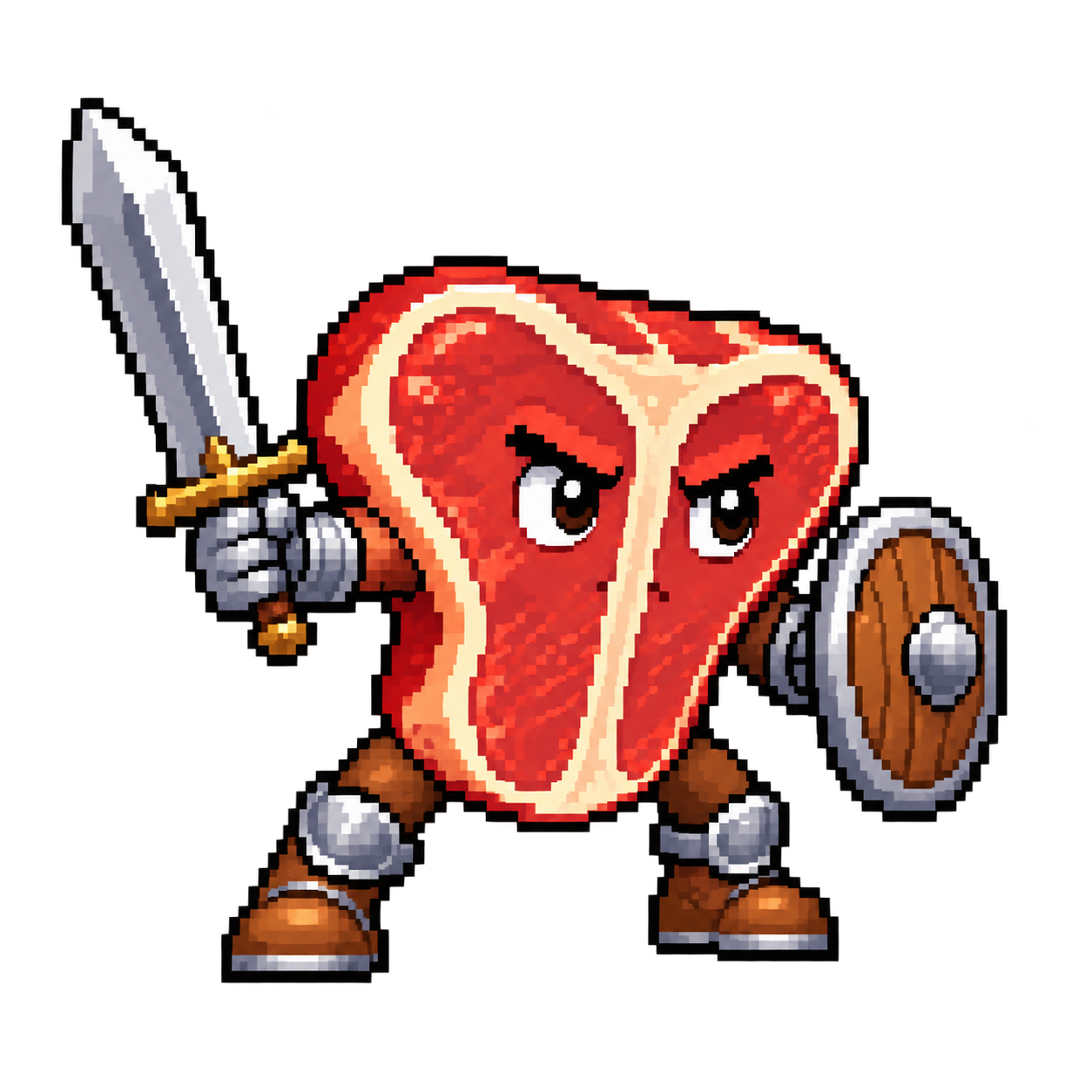 A pixel-art steak warrior with a sword and shield